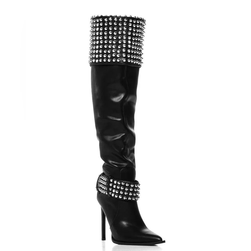 AZALEA WANG Black Vegan Leather & Silver Studded Over the Knee Boots